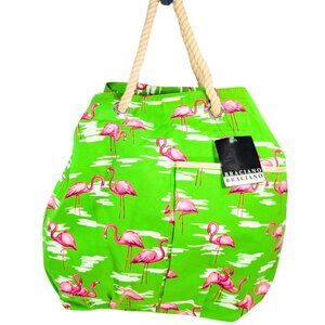 Braciano NWT Large Canvas Preppy Green Pink Flamingo Rope Handle Beach Pool Tote